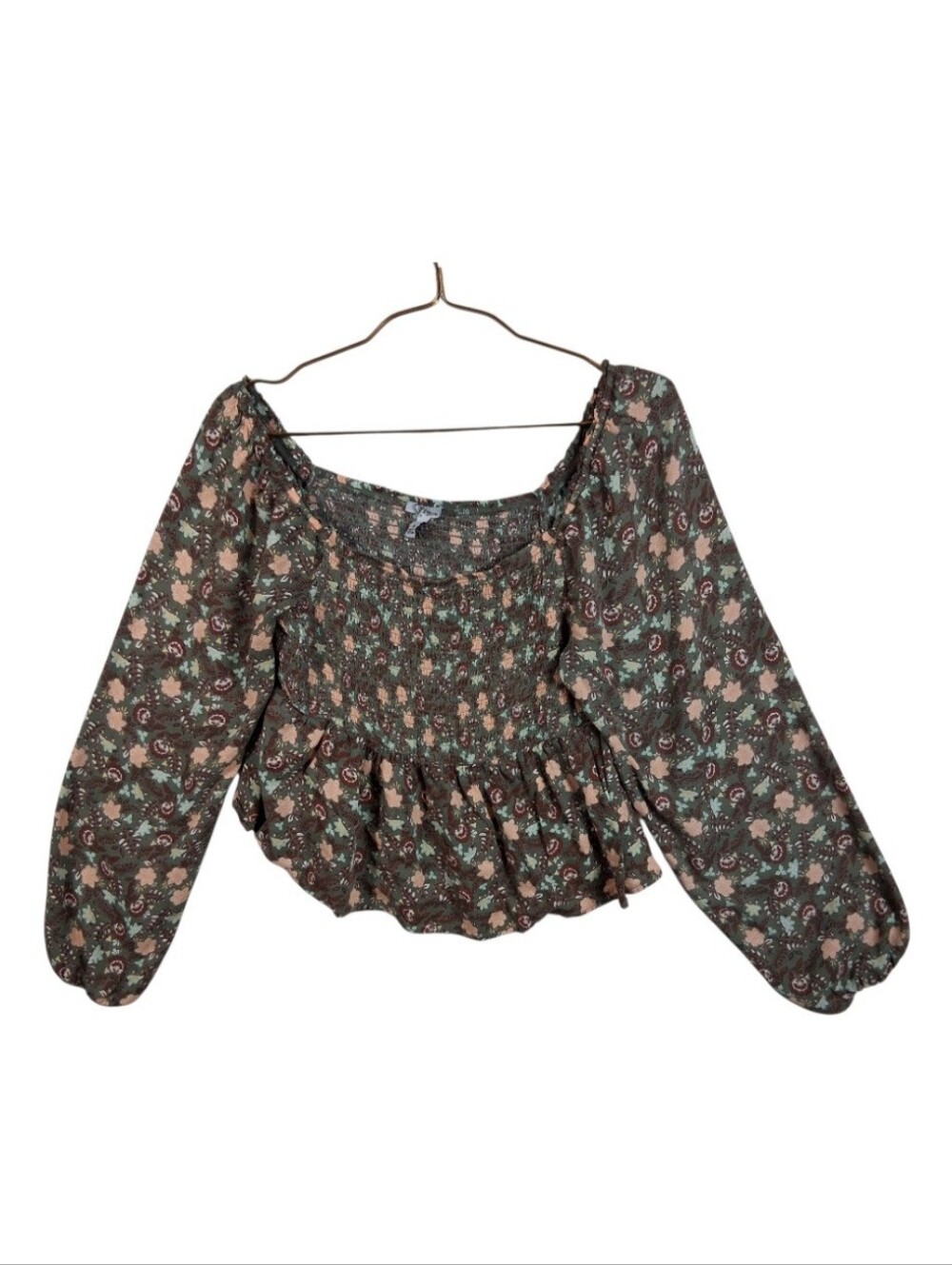 Self Esteem Womens XL Green Floral Smocked Coquette Prairie Festival Crop Top